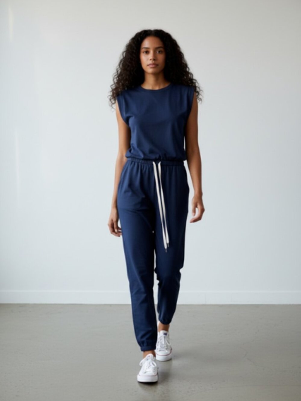 Shein Navy Blue Sleeveless One Piece Jumpsuit-Size L-Elastic/Drawstring Waist